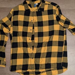 H&M Men's Mustard and Black Plaid Shirt Xl